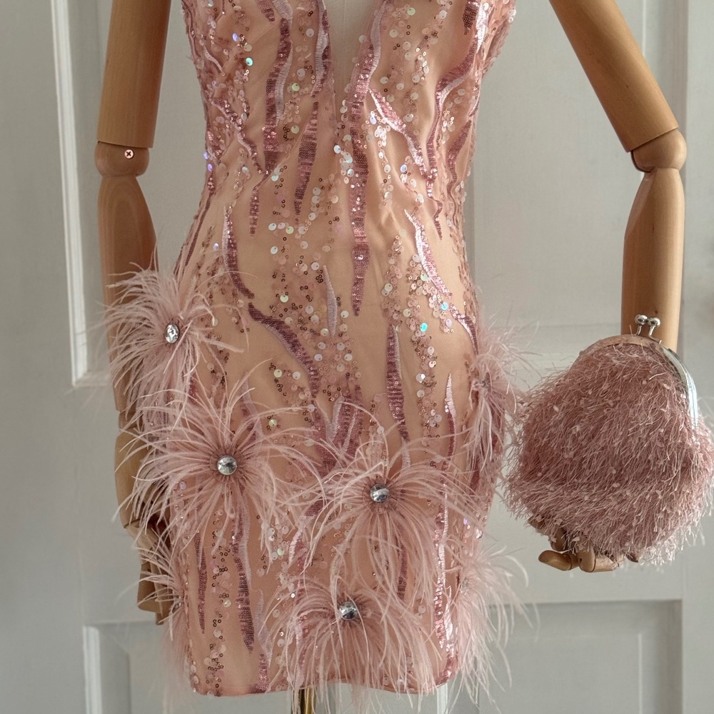 Sequins and feathers! Pink mini dress!